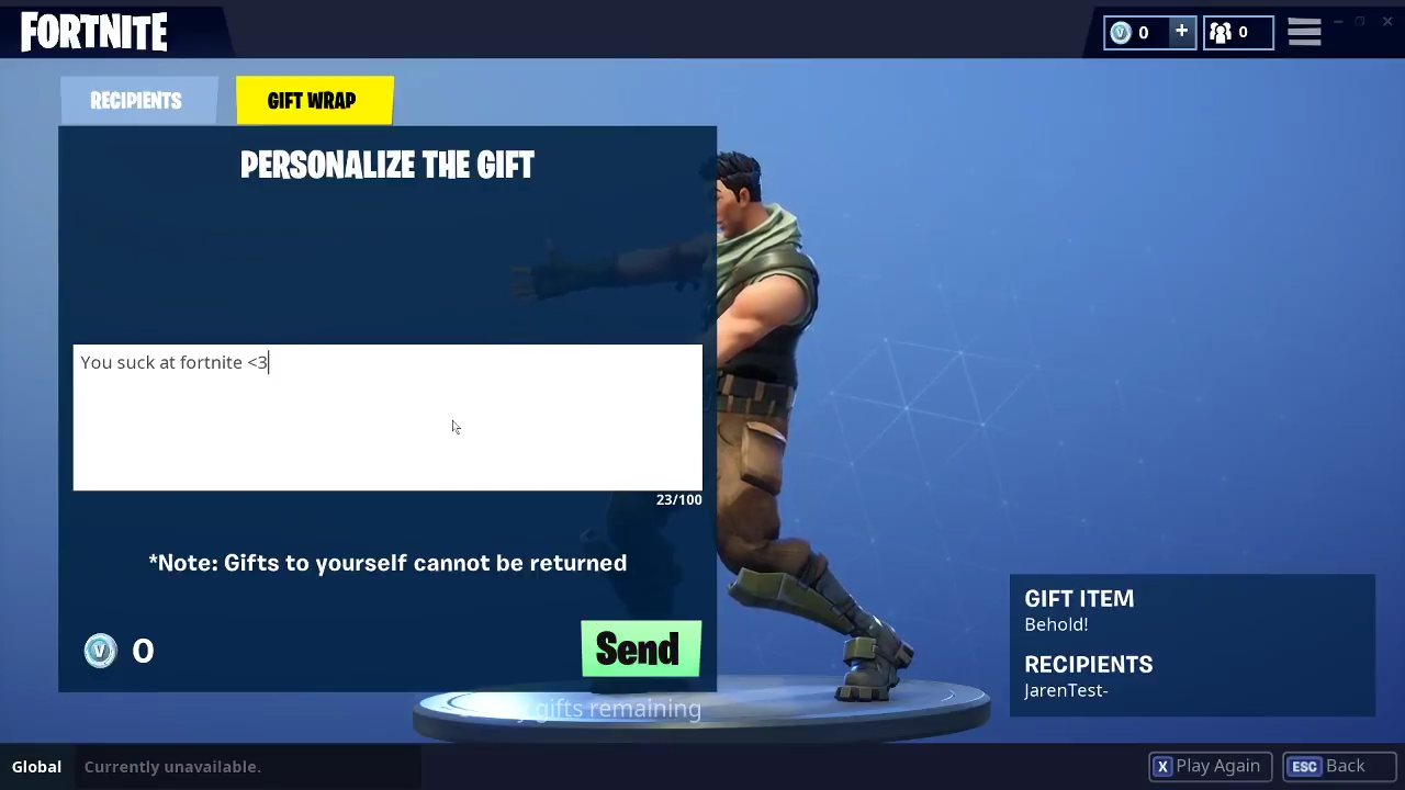 once you have picked a recipient for your gift you ll be taken to a screen that allows you to personalise it with a custom message - fortnite gifting feature