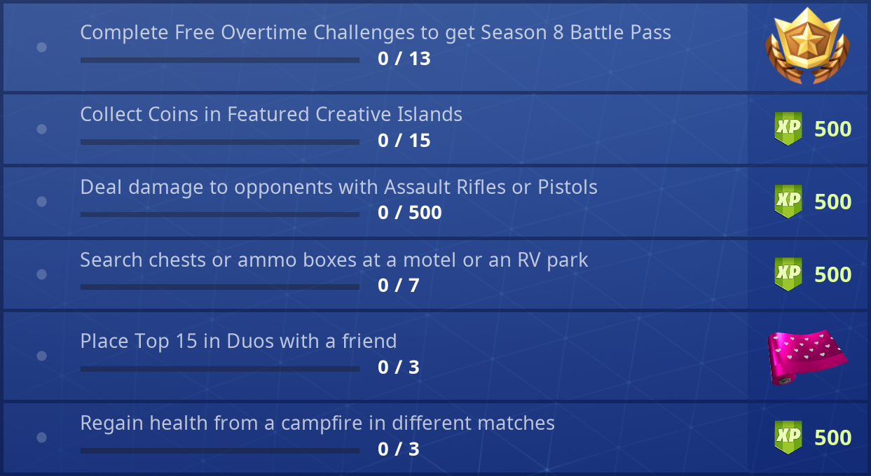 you ve got the 14 days leading up to season 8 to finish everything so no rush they re all pretty straight forward and shouldn t take too long to complete - fortnite free battle pass skins