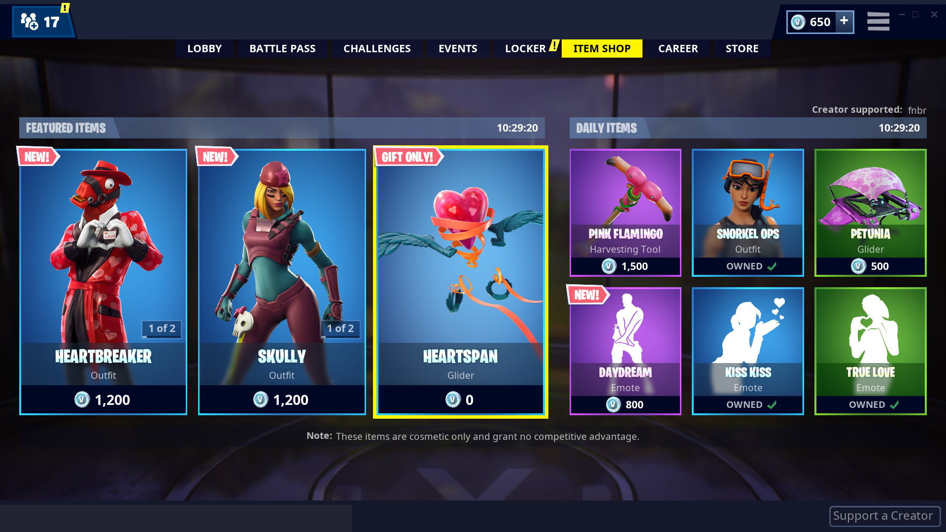 head to the item shop tab and select the heartspan panel - fortnite support a creator codes