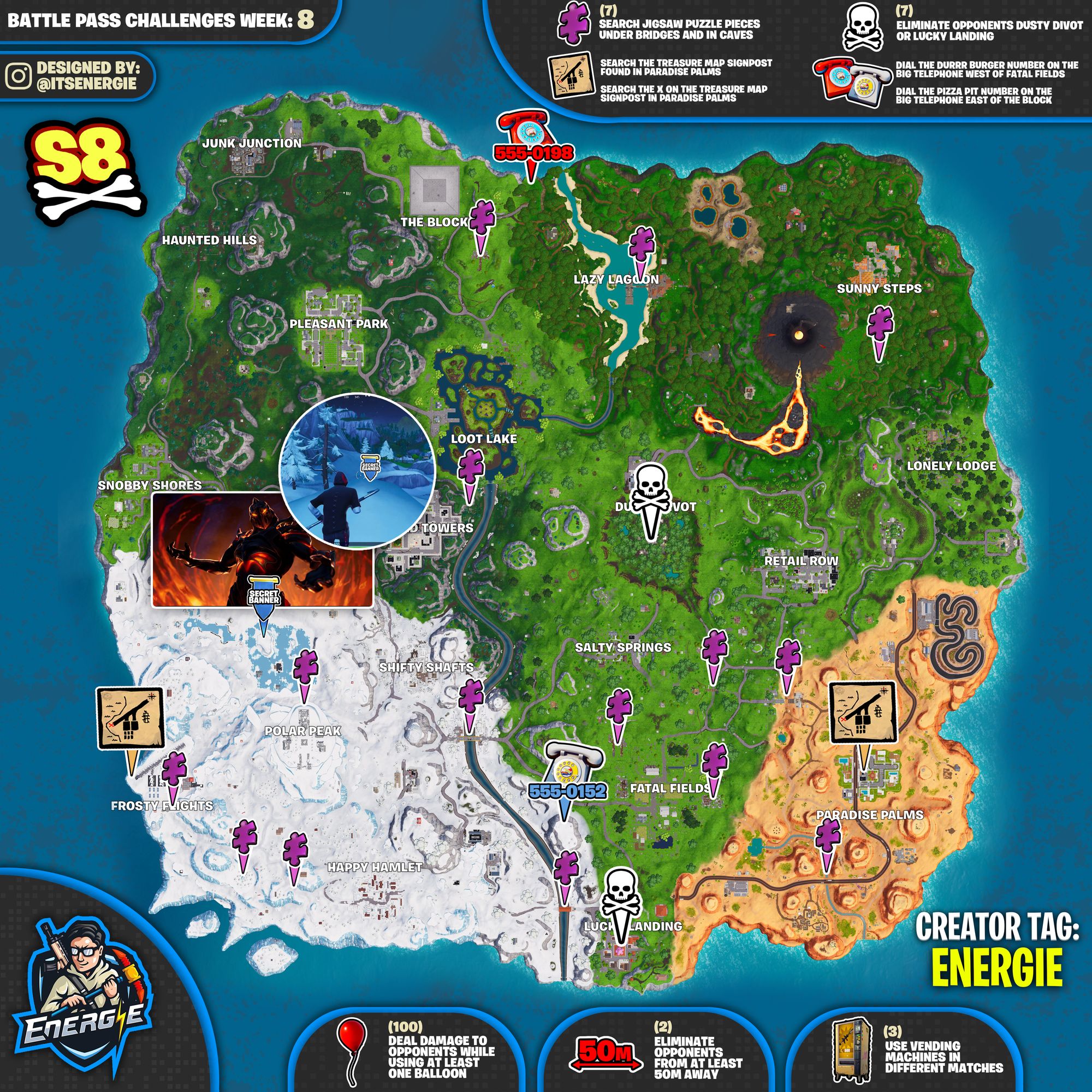if you need any assistance with week 8 s challenges itsenergie has provided one of his cheat sheets to help out - search jigsaw puzzle pieces under bridges and in caves fortnite season 8 week 8